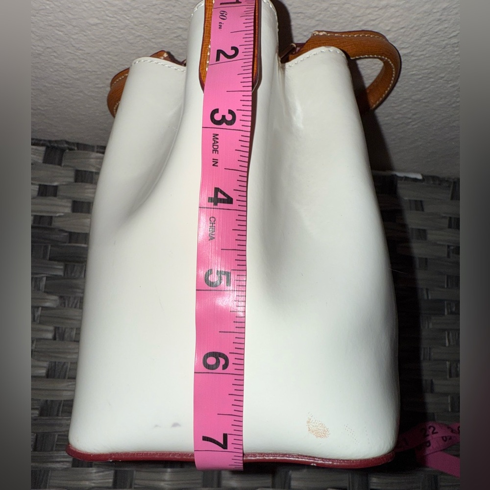 Dooney & Bourke Mini White Patent Leather Satchel Tote with Brown Leather Strap - Picture 15 of 17